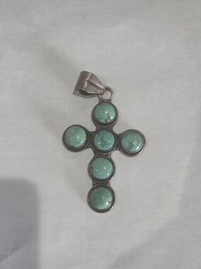 Large Modern Blue Turquoise Cross Pendant for Necklace Sterling Silver 925